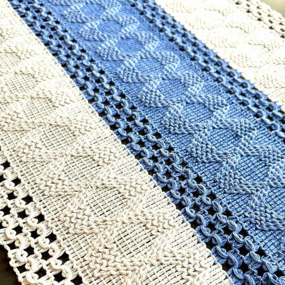 2 Styles Farmhouse Cottage Sage Green Beige Blue Woven Tasseled 72" Table Runner - Picture 7 of 10